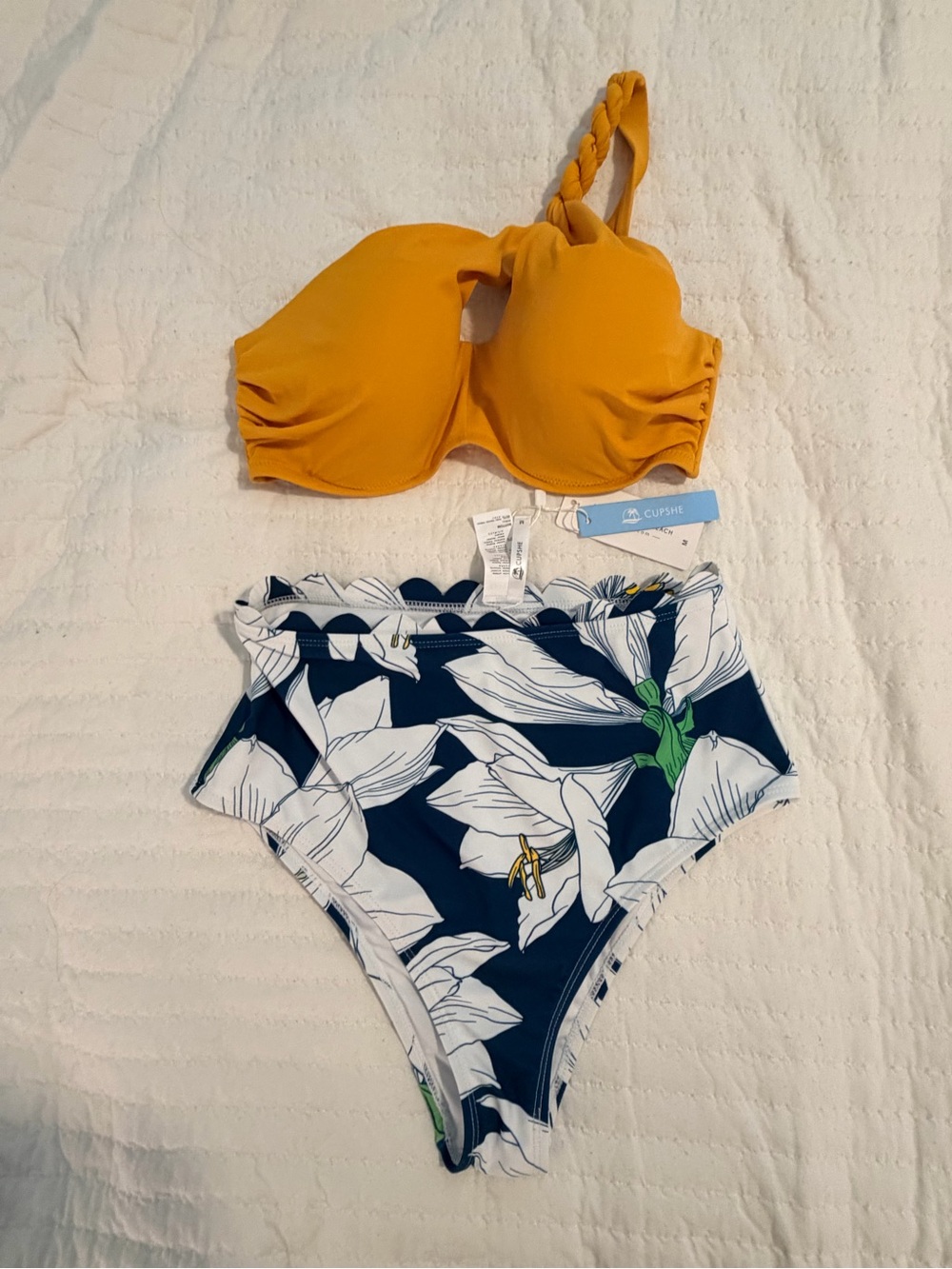 Cupshe Mustard Yellow One-Shoulder Bandeau with Navy Floral High-Waist Bottoms